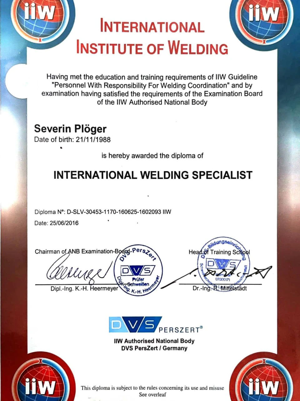 H+P Stahl- und Maschinenbau Zertifikat International Welding Specialist